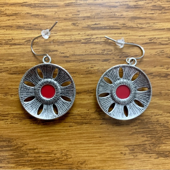 Boho Silver Floral Disk Drop Earrings - Picture 3 of 9